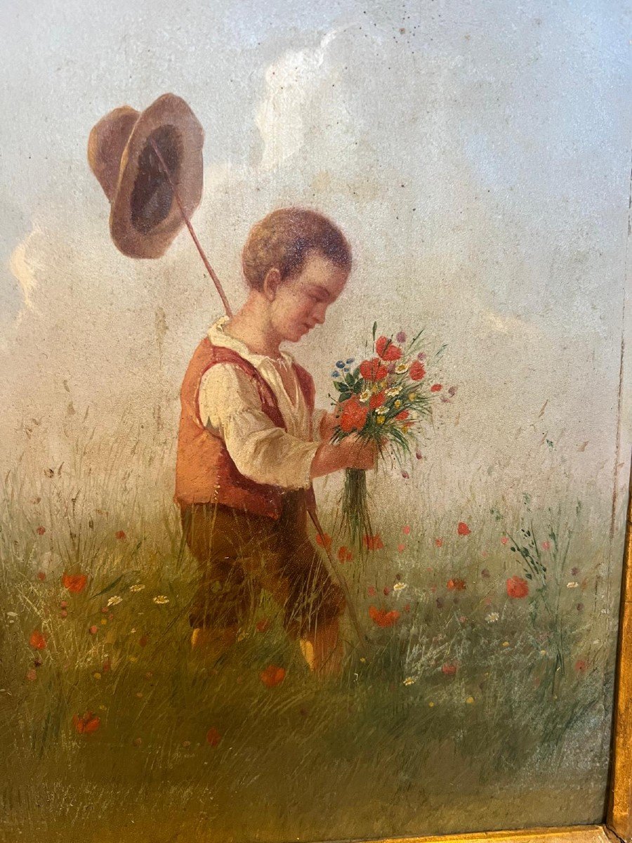 Two Paintings 1 Little Boy + 1 Little Girl Cutting Flowers. -photo-3