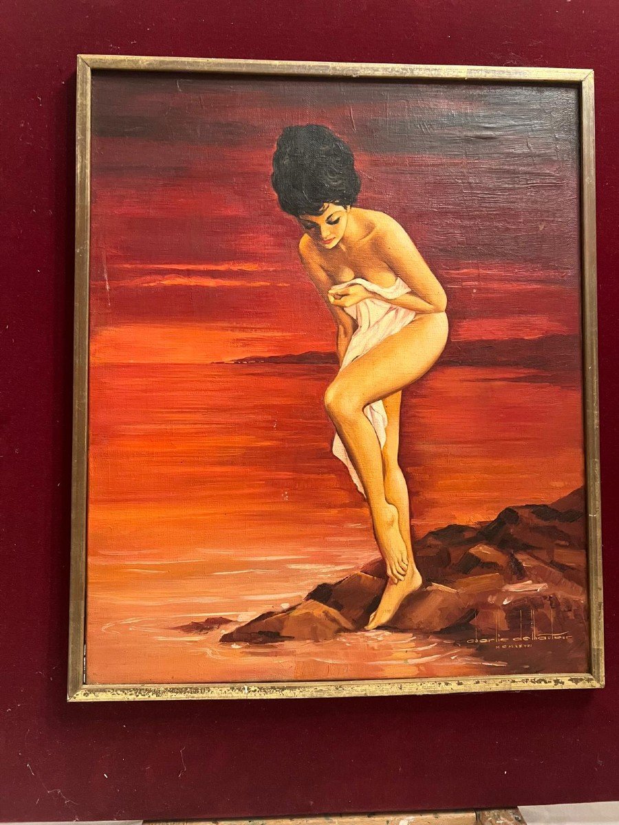 Tableau Signé Charlie Delhauteur Né 1919.femme Nú, Huile Sur Toile -photo-2