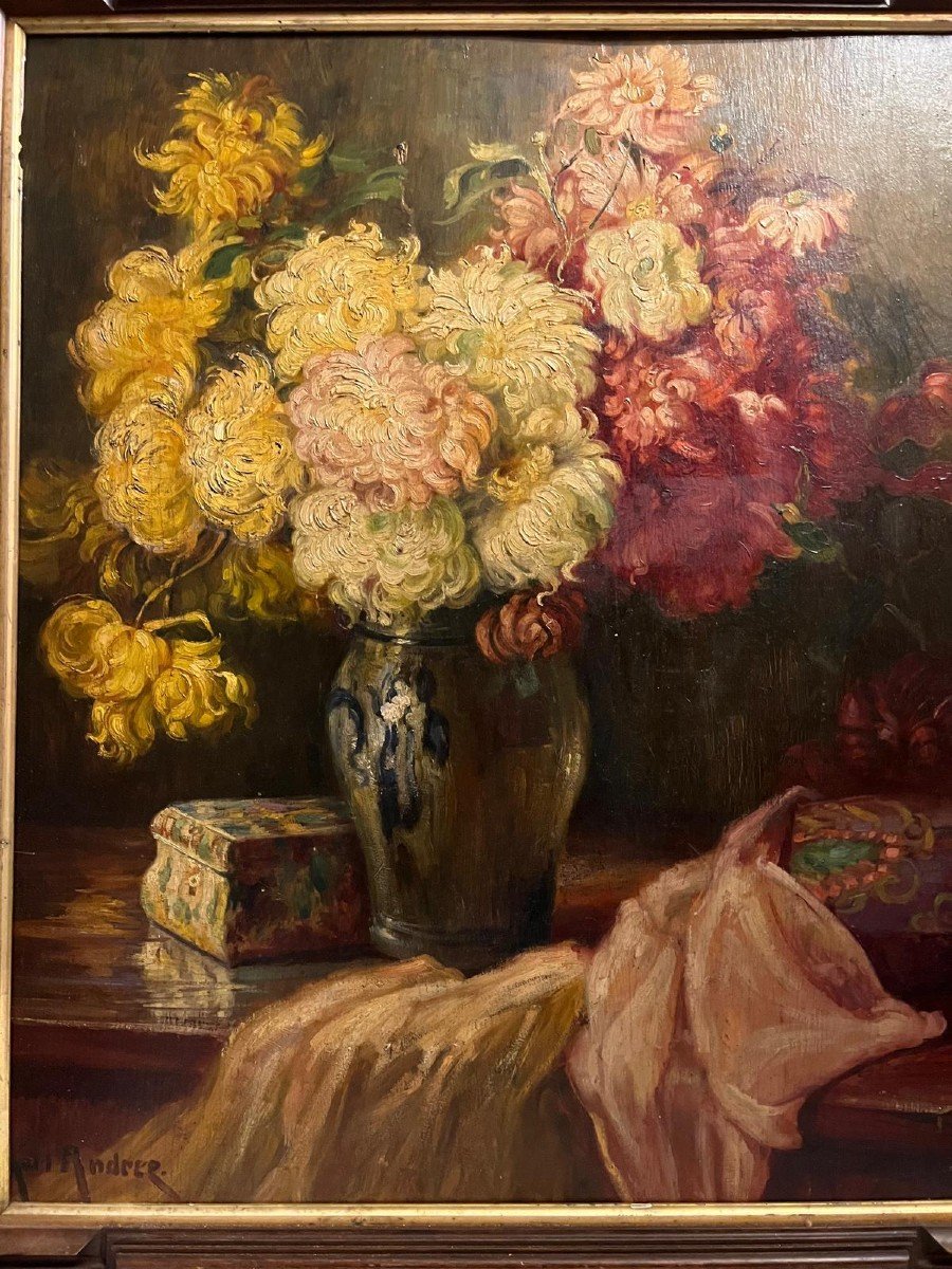 Painting Signed Karl Andrée Vase Of Flowers. -photo-2