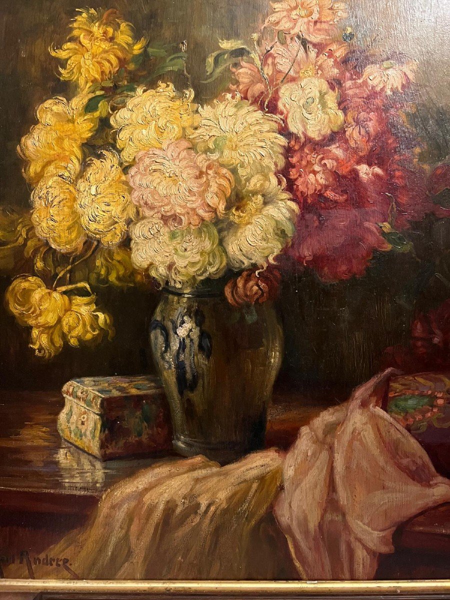 Painting Signed Karl Andrée Vase Of Flowers. -photo-3