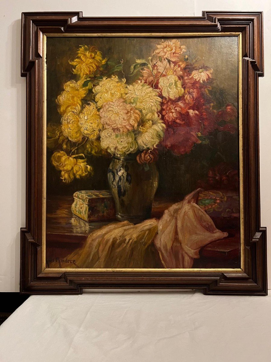 Painting Signed Karl Andrée Vase Of Flowers. -photo-1