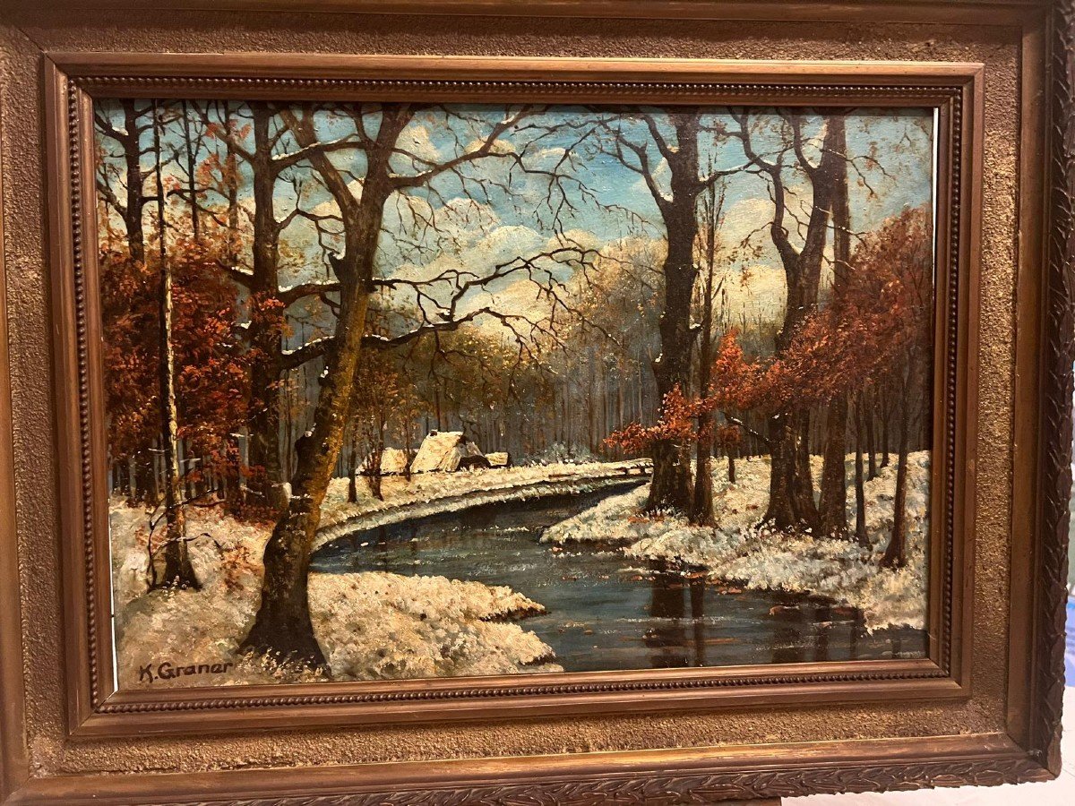 Tableau Signé K. Grande. Paysage d'Hiver. 