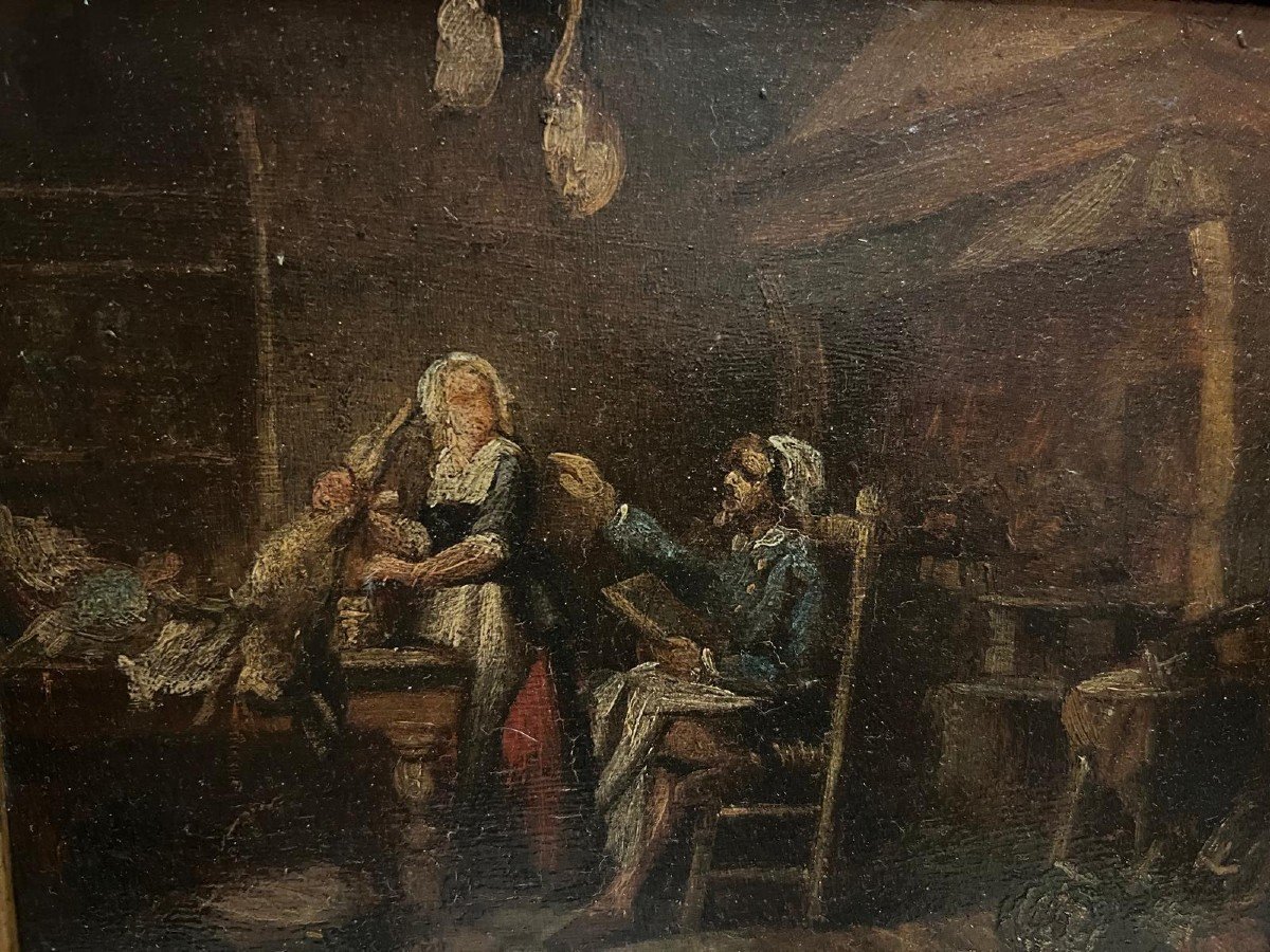 Tableau  Scène  d'Intérieur,  Huile Sur Panneau. -photo-2