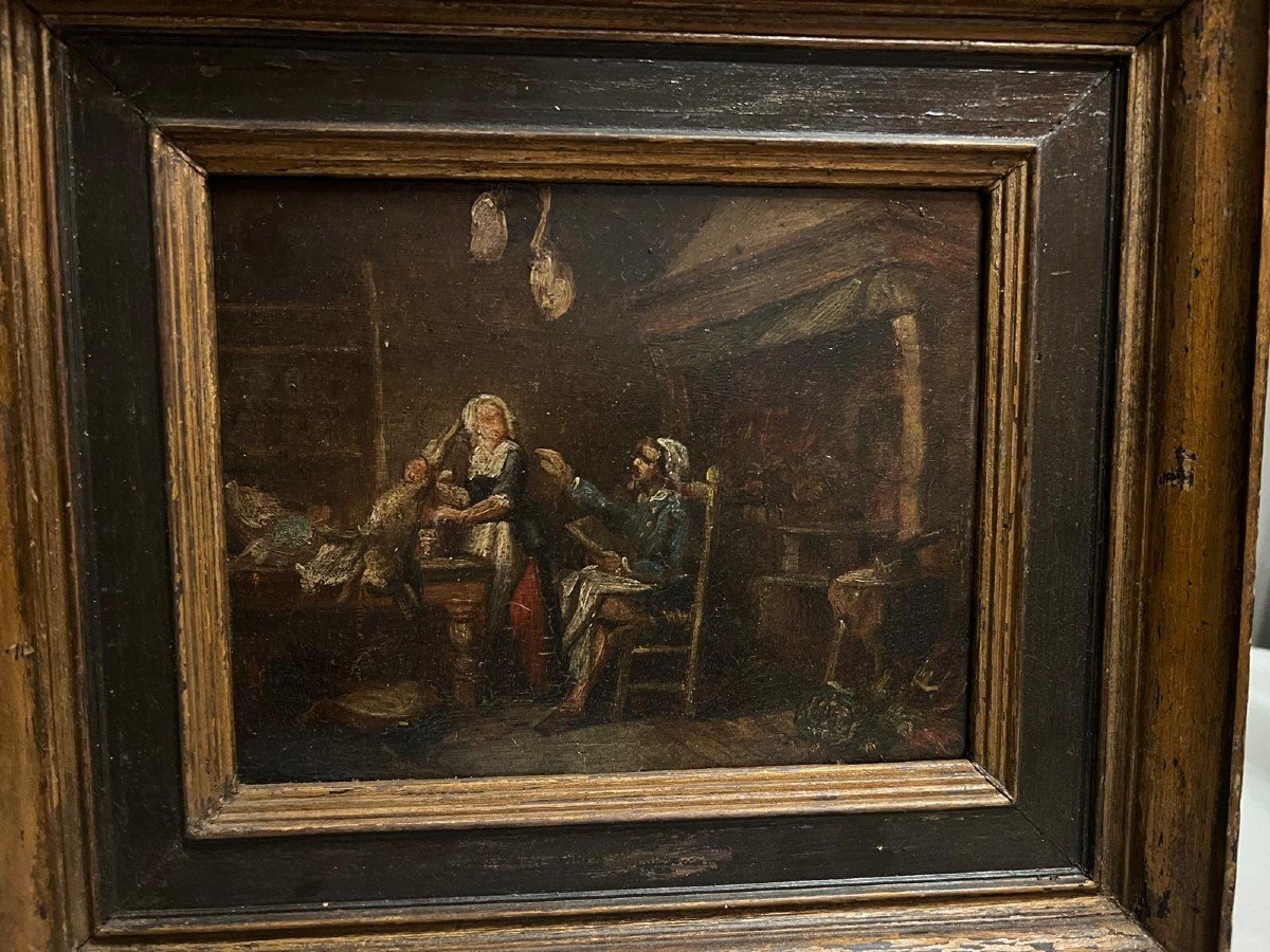 Tableau  Scène  d'Intérieur,  Huile Sur Panneau. -photo-3