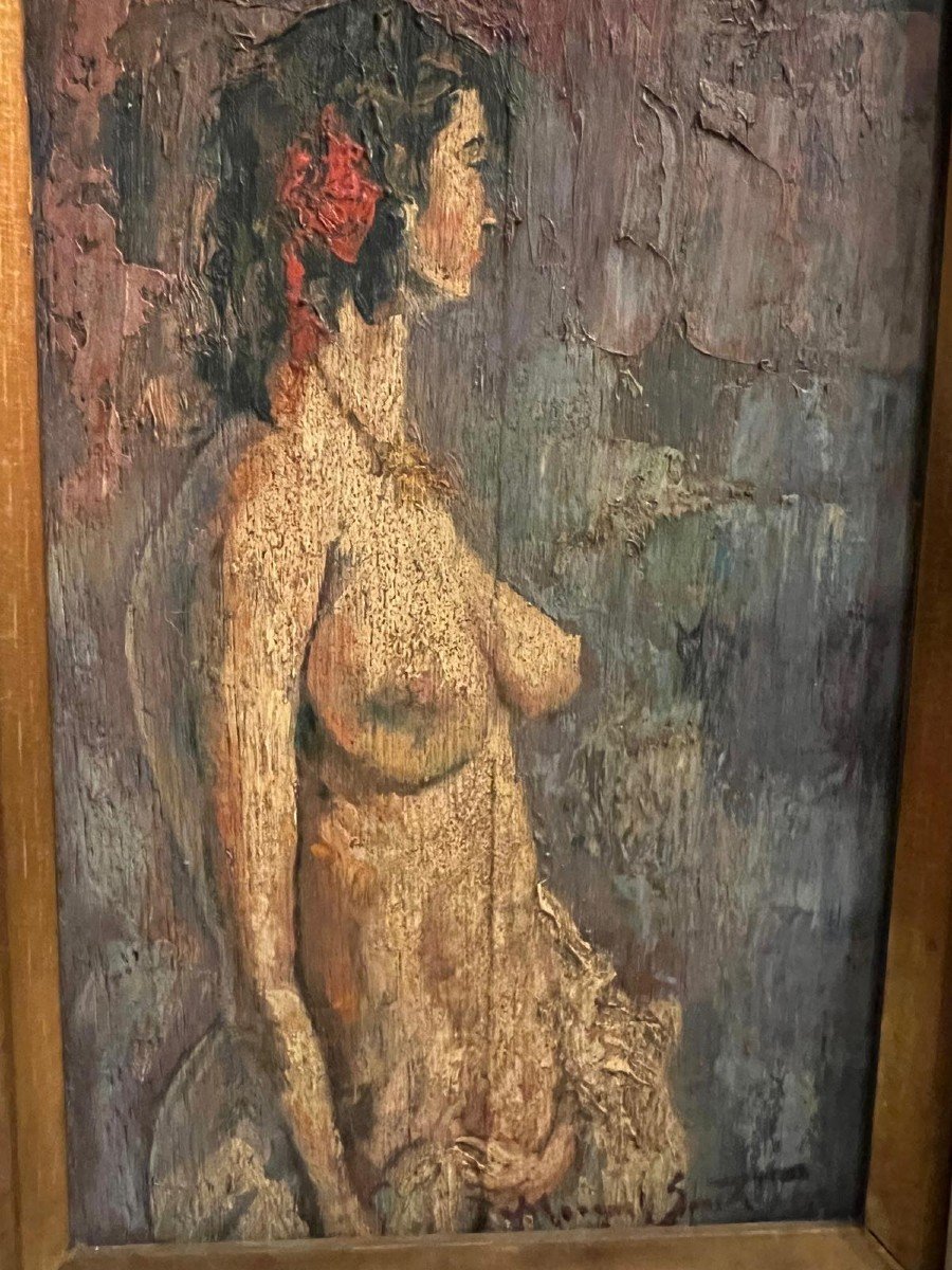 Painting Signed Manoel Santiago 1897-1987 Woman Naked Breast, Oil On Wood -photo-2