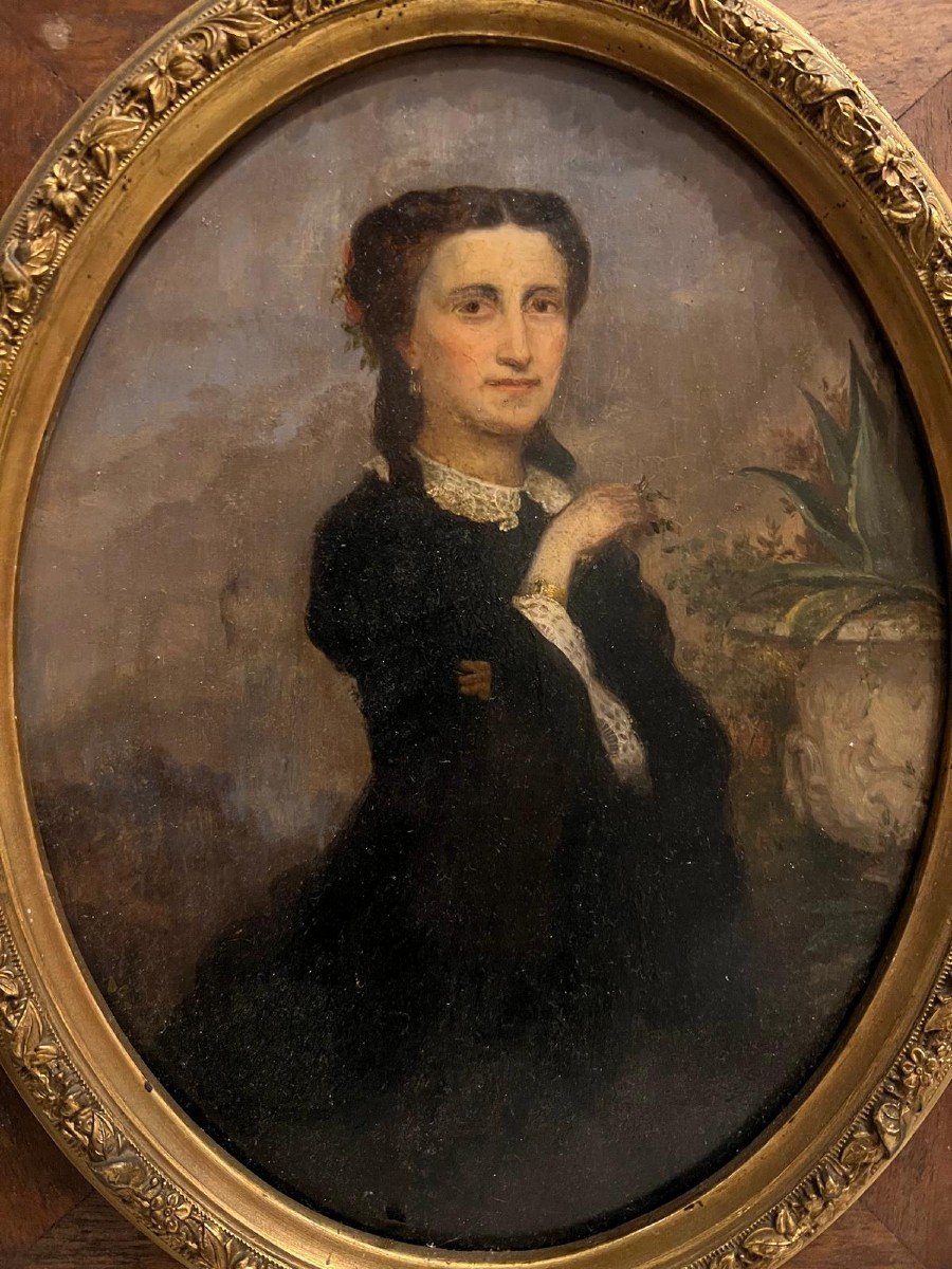 Tableau Portrai De Jeune Femme élégante,  Huile Sur Bois Joliment Encadré. -photo-2