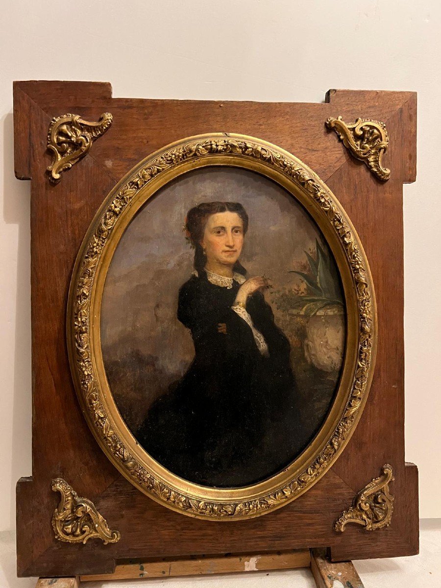 Tableau Portrai De Jeune Femme élégante,  Huile Sur Bois Joliment Encadré. -photo-3