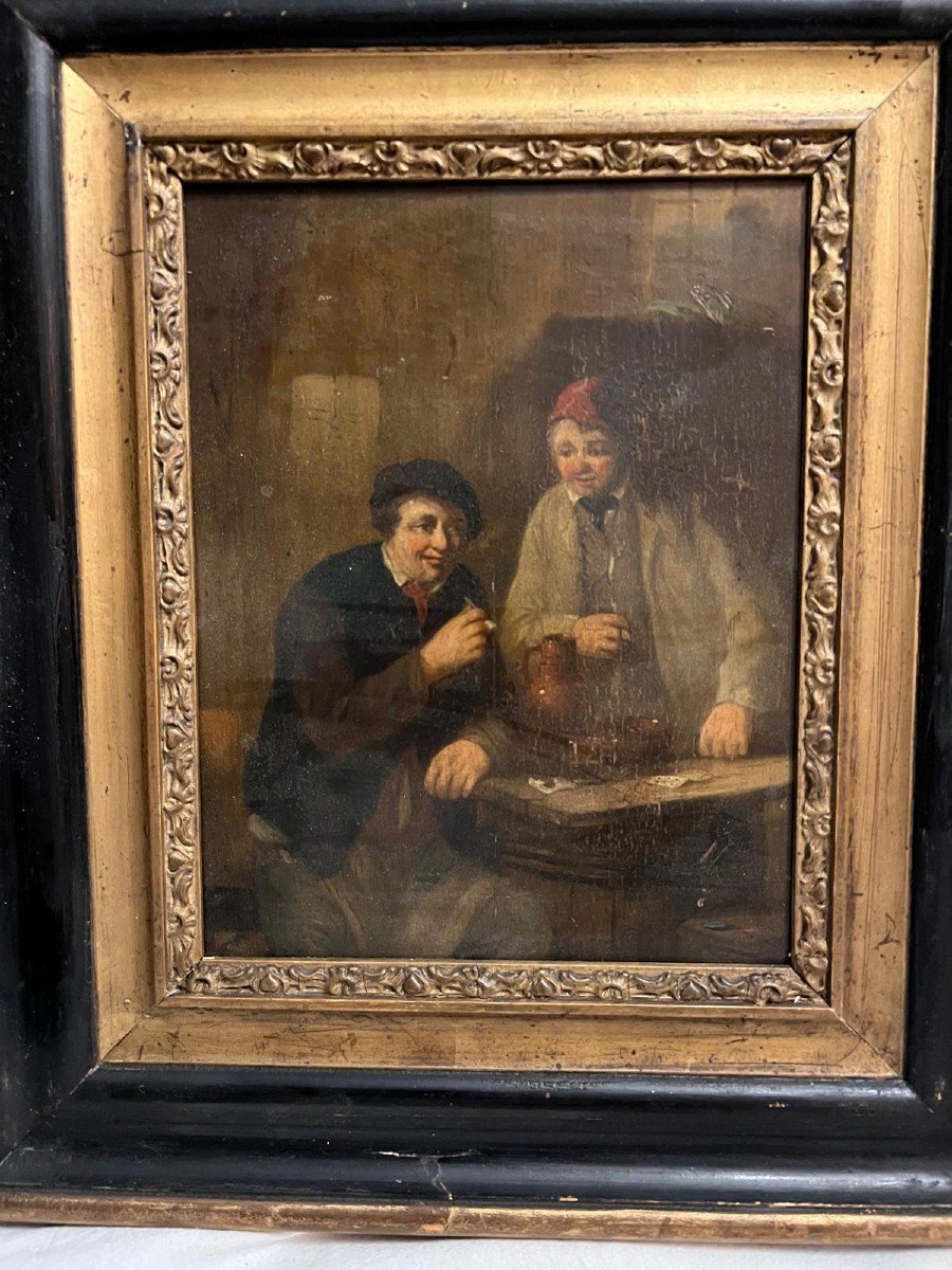 Illegible Signed Painting, Northern School, The Card Players, Oil On Wood. 