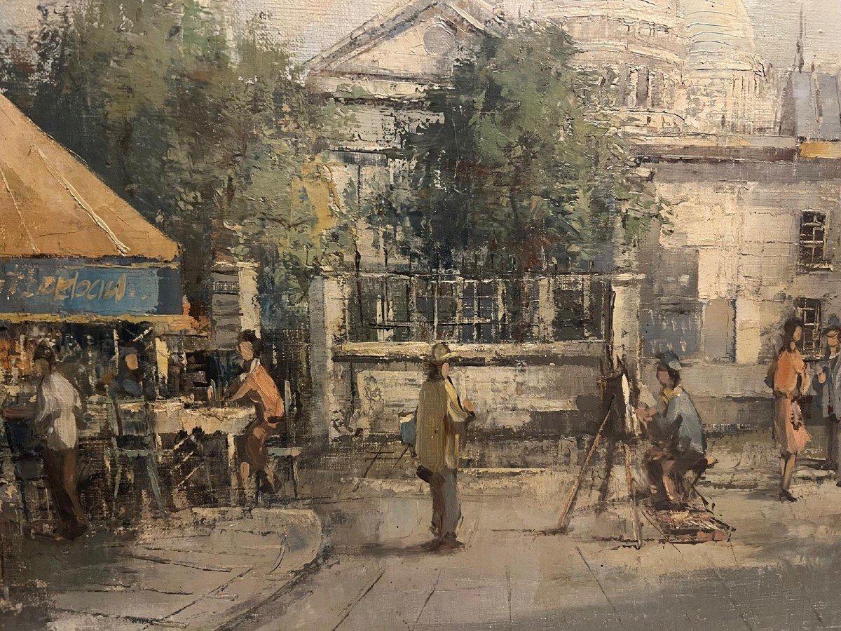 Illegible Signed Painting, Place Du Tertre, Montmartre Paris, Lively Square. -photo-2