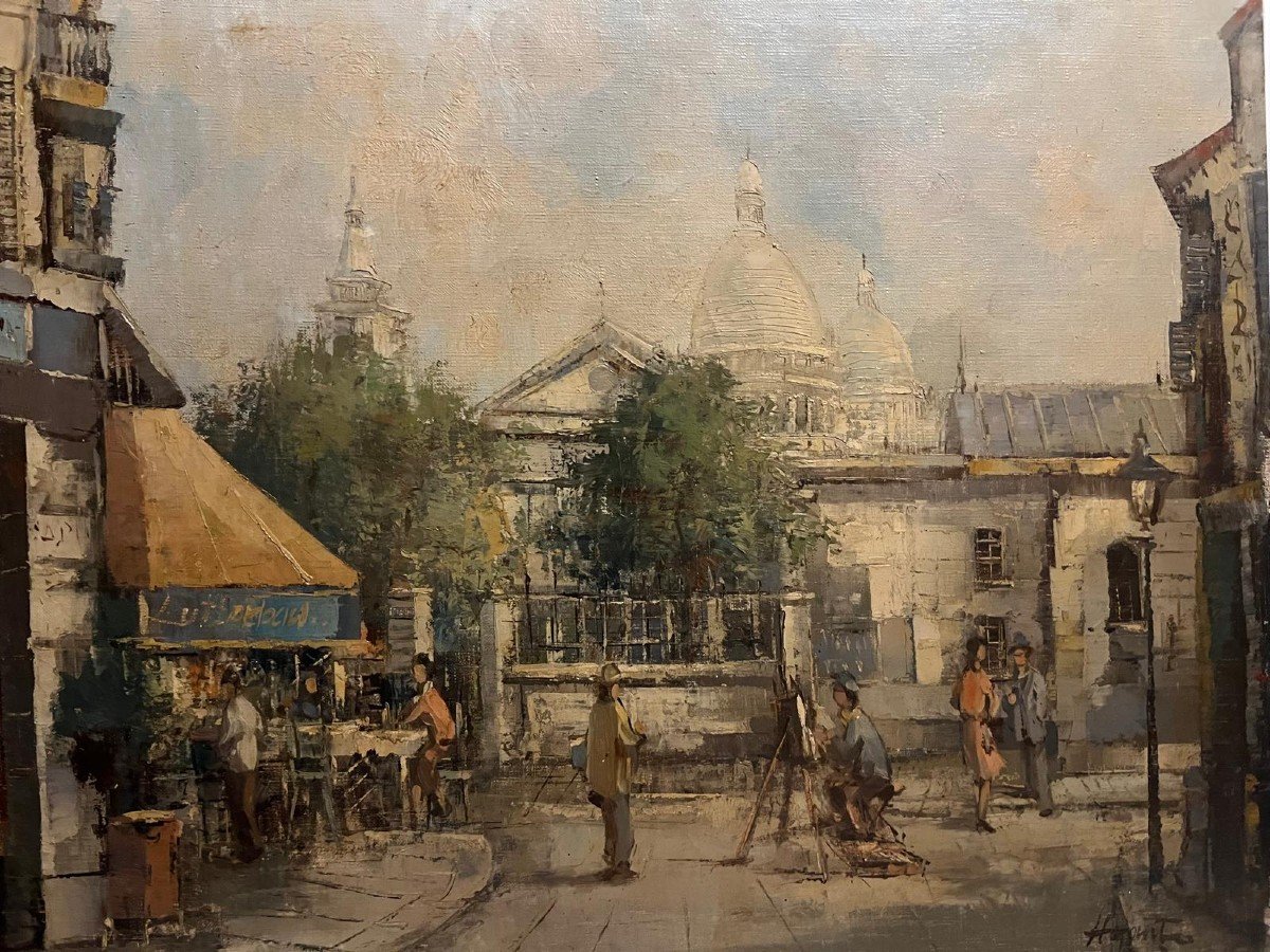 Illegible Signed Painting, Place Du Tertre, Montmartre Paris, Lively Square. -photo-3