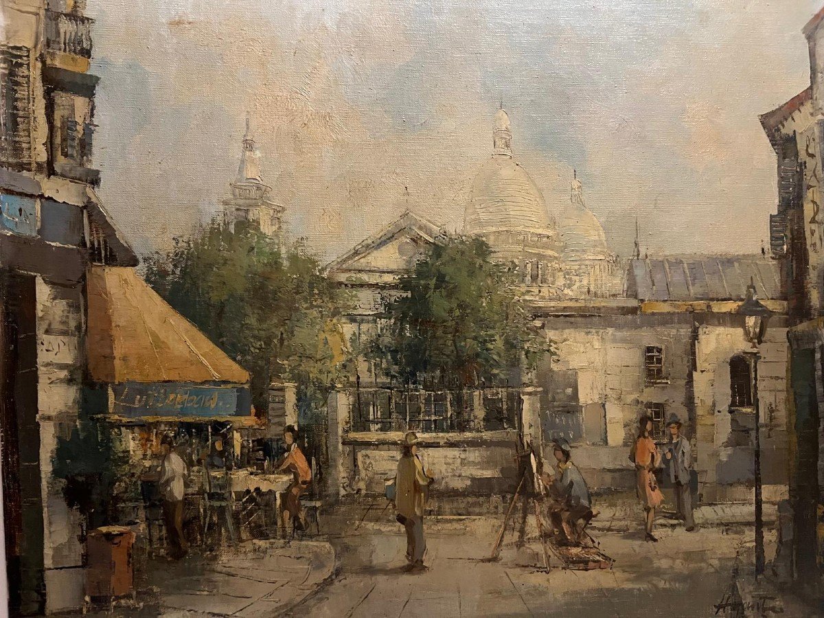 Illegible Signed Painting, Place Du Tertre, Montmartre Paris, Lively Square. -photo-4