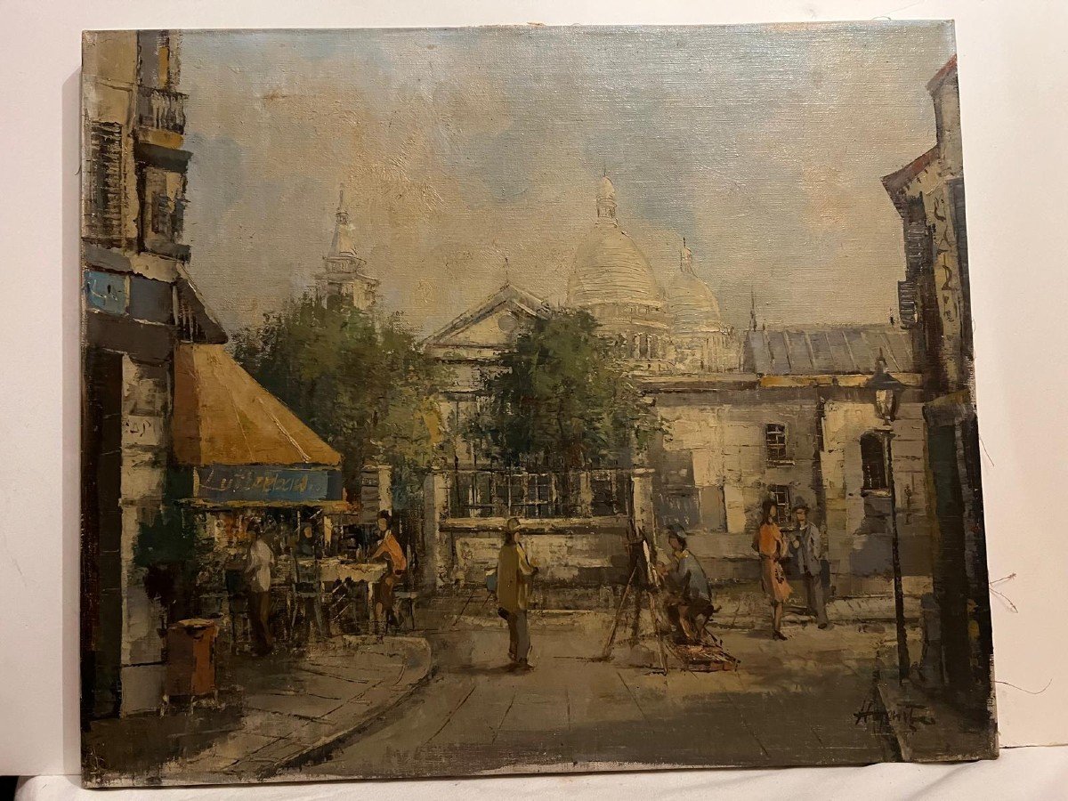 Illegible Signed Painting, Place Du Tertre, Montmartre Paris, Lively Square. -photo-4