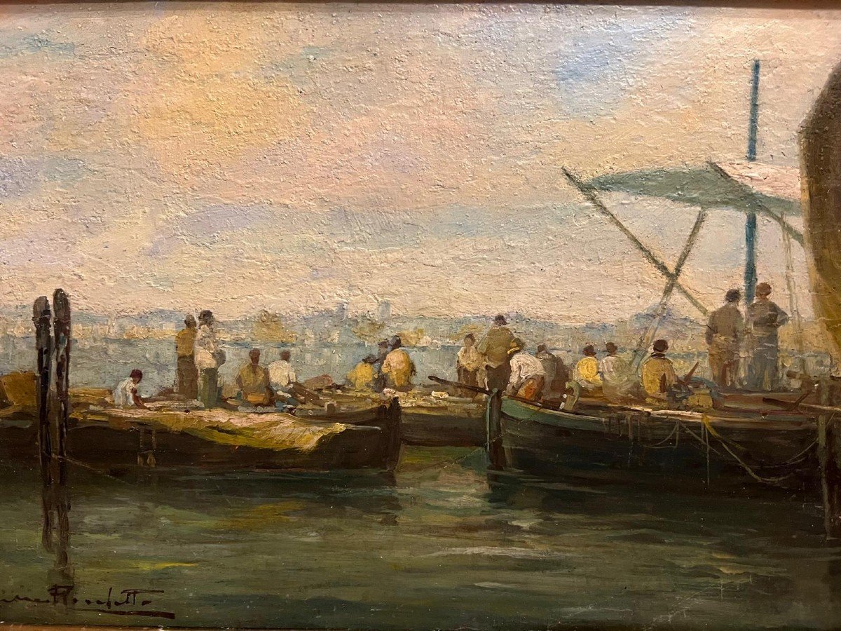 Illegible Signed Painting, Return Of The Fishermen, Oil On Wood. -photo-2