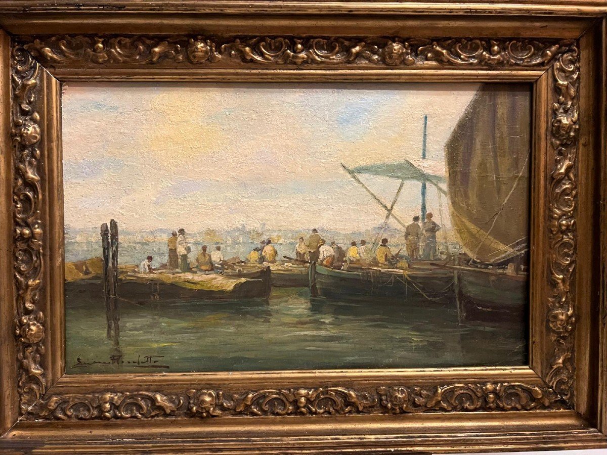 Illegible Signed Painting, Return Of The Fishermen, Oil On Wood. -photo-4