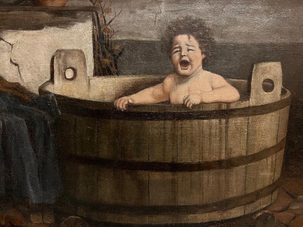 Painting Signed Bg, March 1901, Child Taking A Bath While Crying. -photo-2