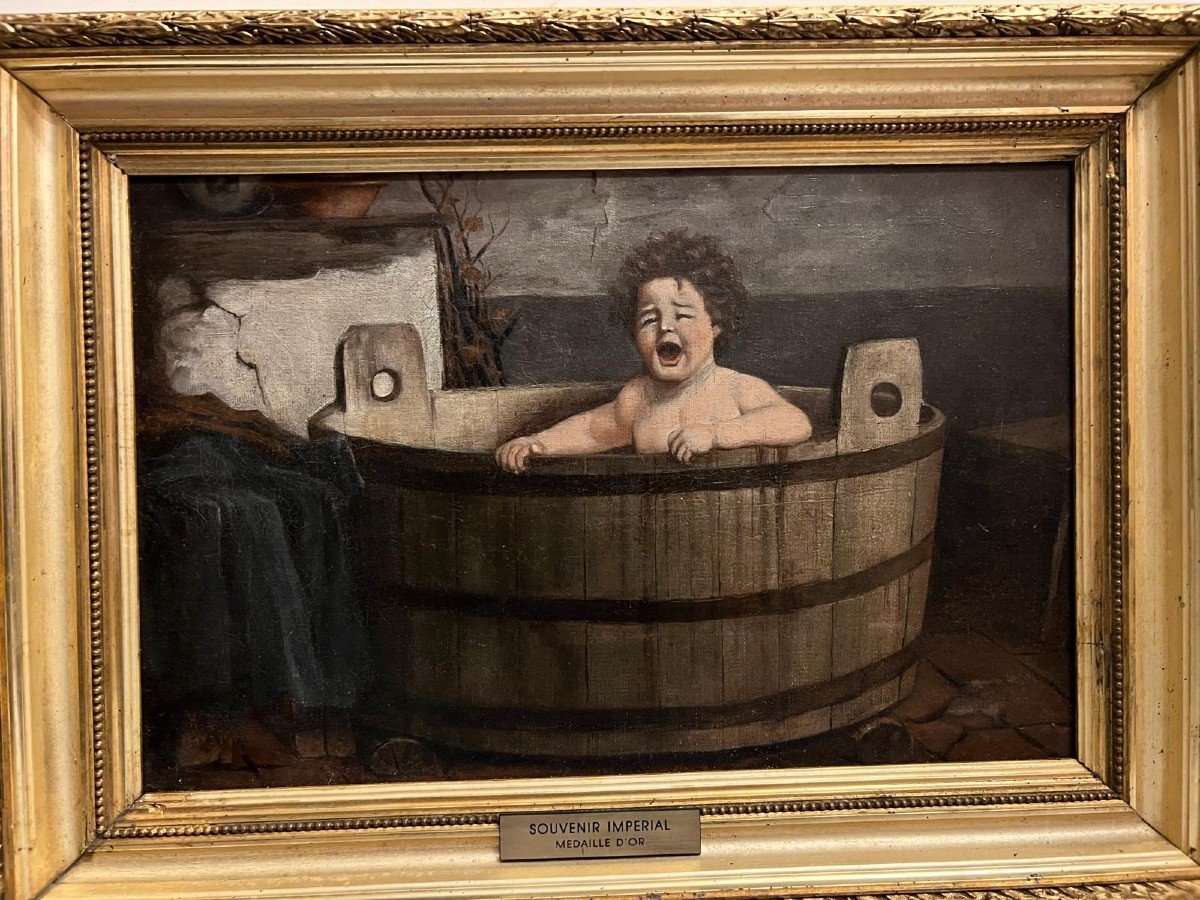 Painting Signed Bg, March 1901, Child Taking A Bath While Crying. -photo-4