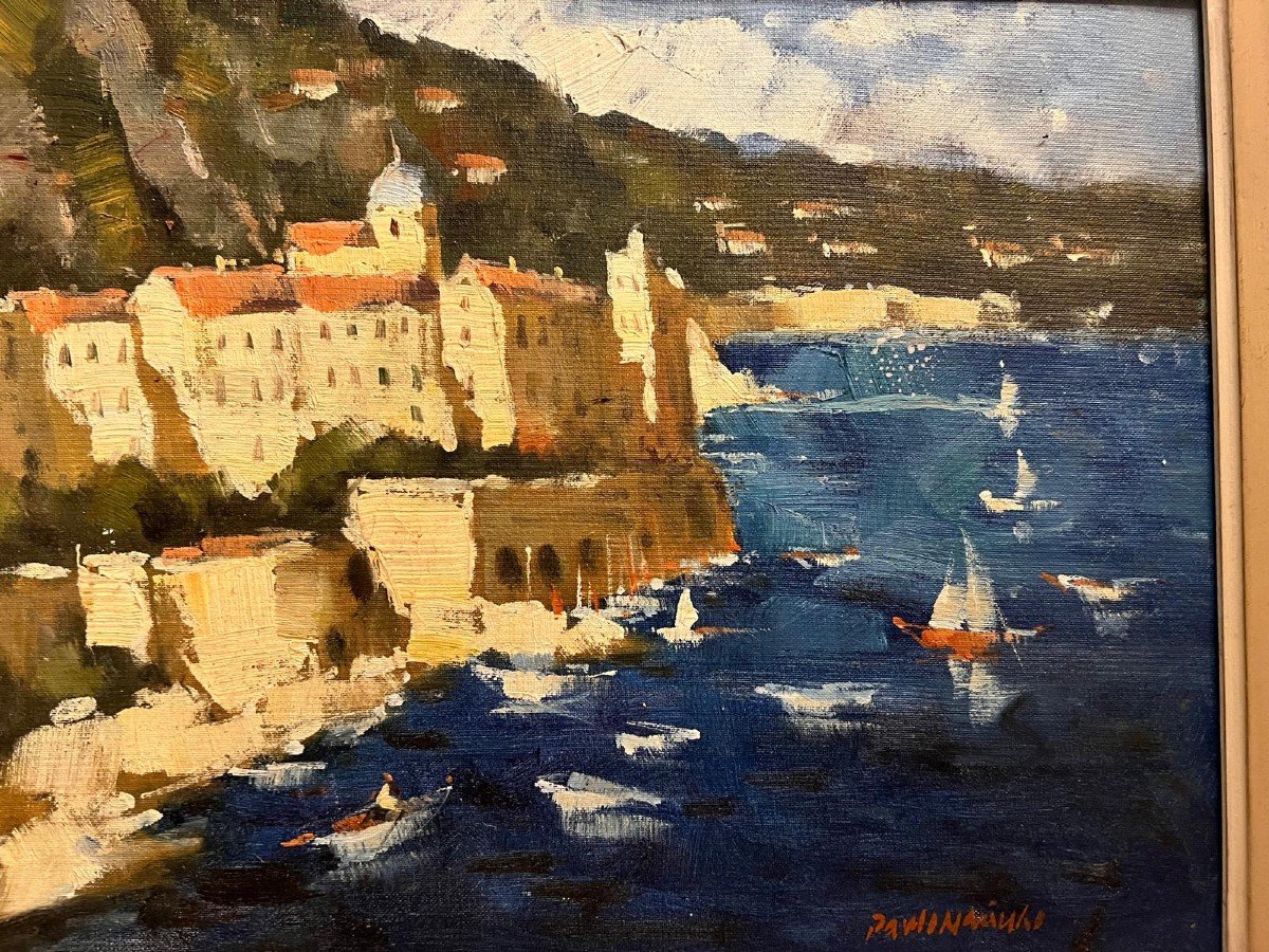 Painting Seaside Landscape (monaco?) Signed Illegible, Oil On Canvas. -photo-2