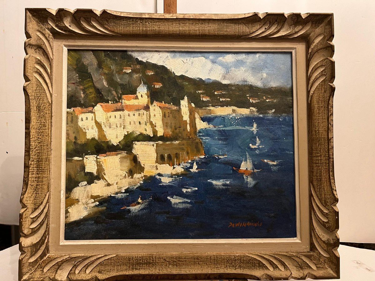 Painting Seaside Landscape (monaco?) Signed Illegible, Oil On Canvas. -photo-3