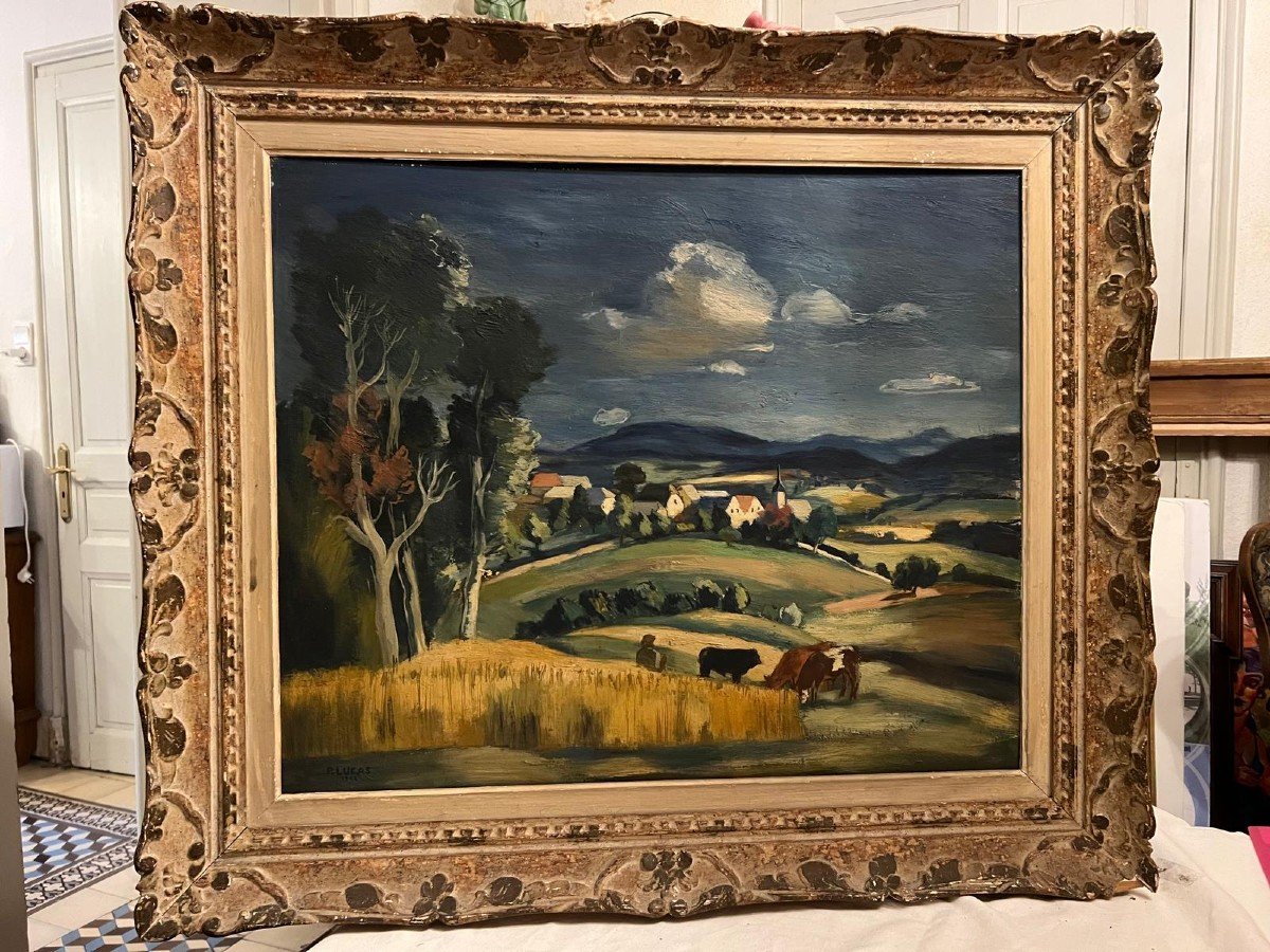 Painting Signed P. Lucas 1942, Landscape In Very Beautiful Carved Wooden Frame. -photo-3