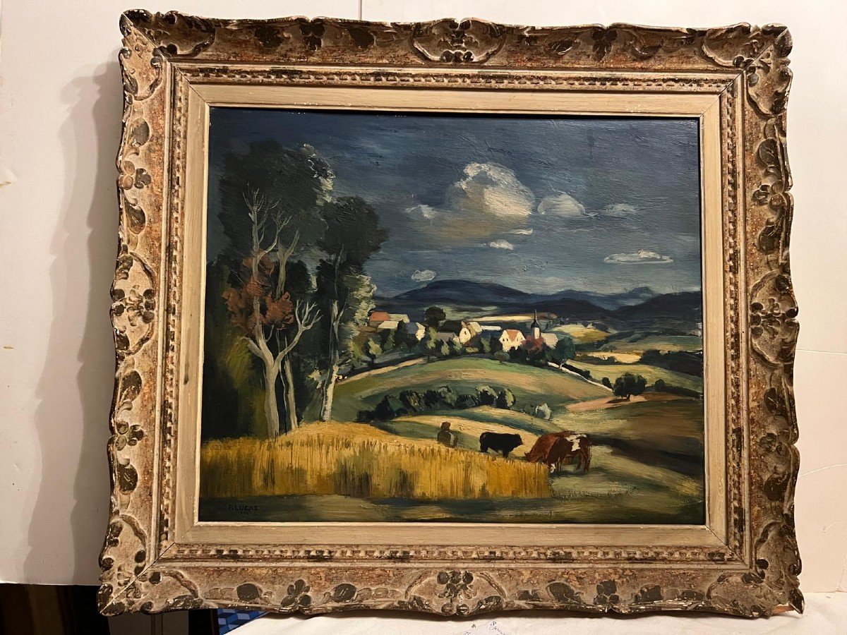 Painting Signed P. Lucas 1942, Landscape In Very Beautiful Carved Wooden Frame. -photo-4