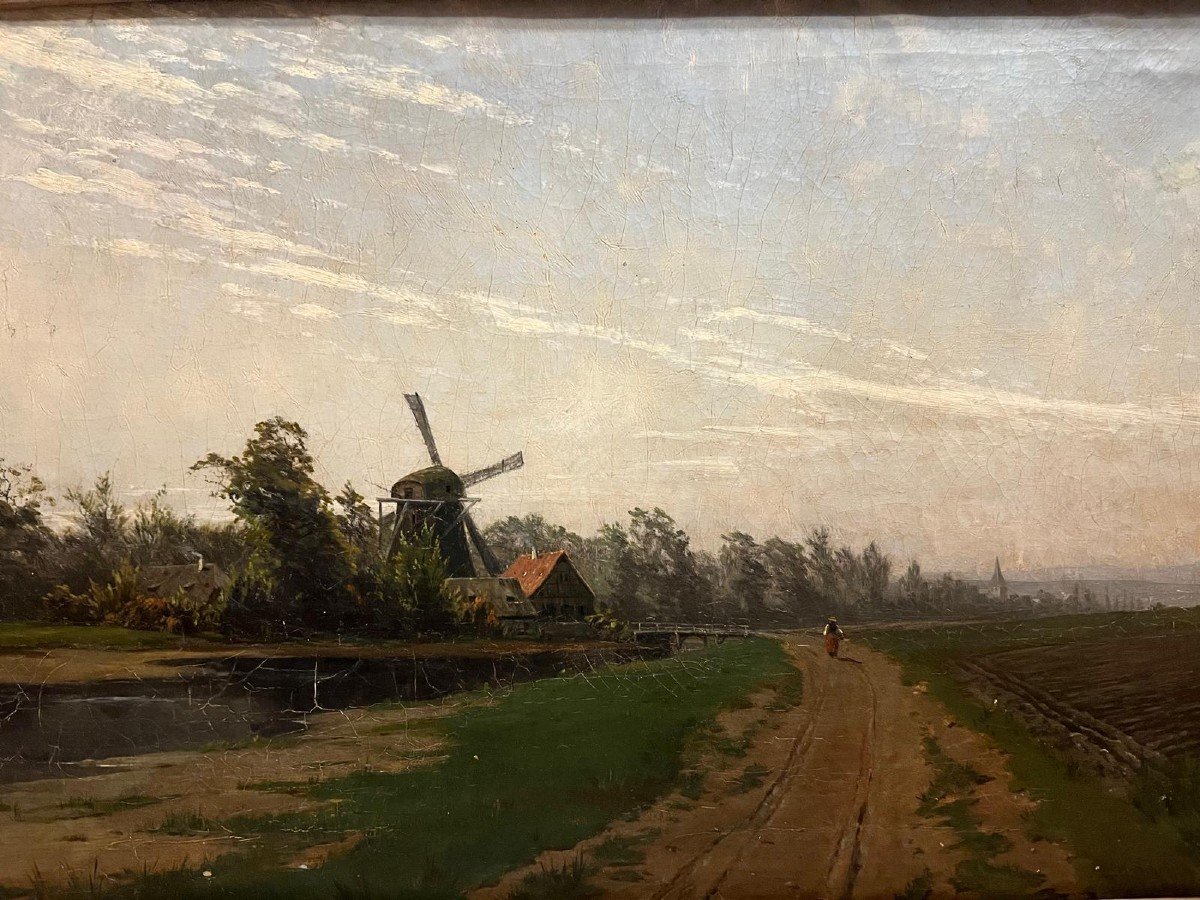 Tableau Signé George Schmitz Paysage Avec Moulin, Vent,  Huile Sur Toile. -photo-3