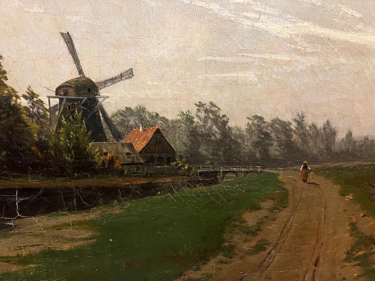 Tableau Signé George Schmitz Paysage Avec Moulin, Vent,  Huile Sur Toile. -photo-4