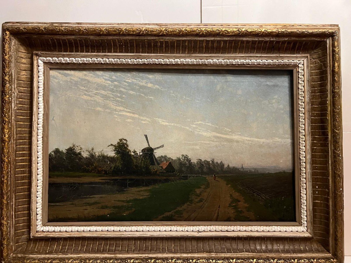 Painting Signed George Schmitz Landscape With Mill, Wind, Oil On Canvas. 