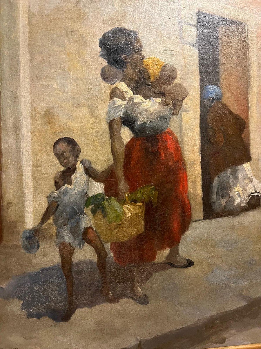 Tableau  Maman Et Son Petit, Malgache. Huile Sur Toile. -photo-2