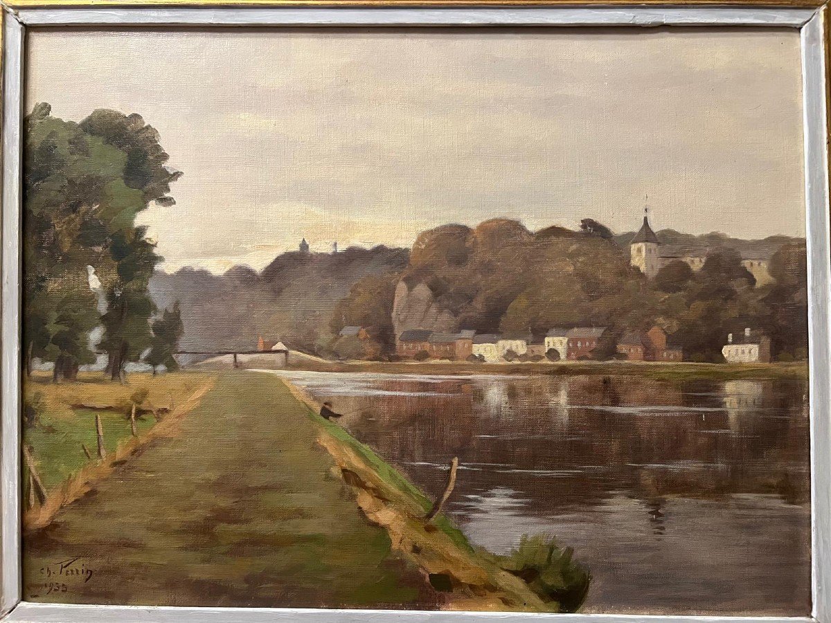 Tableau Signé Charles  Perrin, La Meuse à Visé ,  Belgique -photo-2