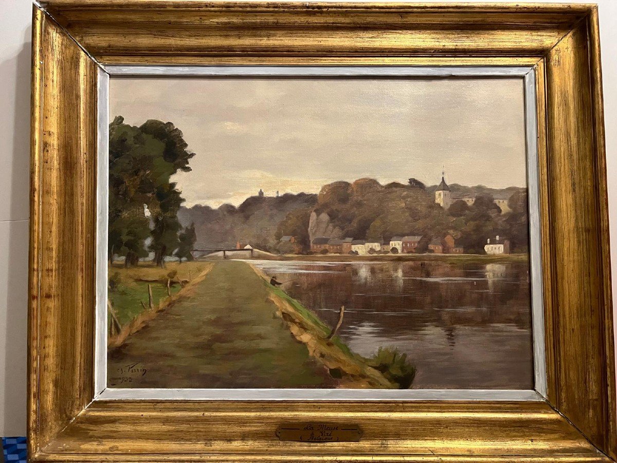 Tableau Signé Charles  Perrin, La Meuse à Visé ,  Belgique -photo-3