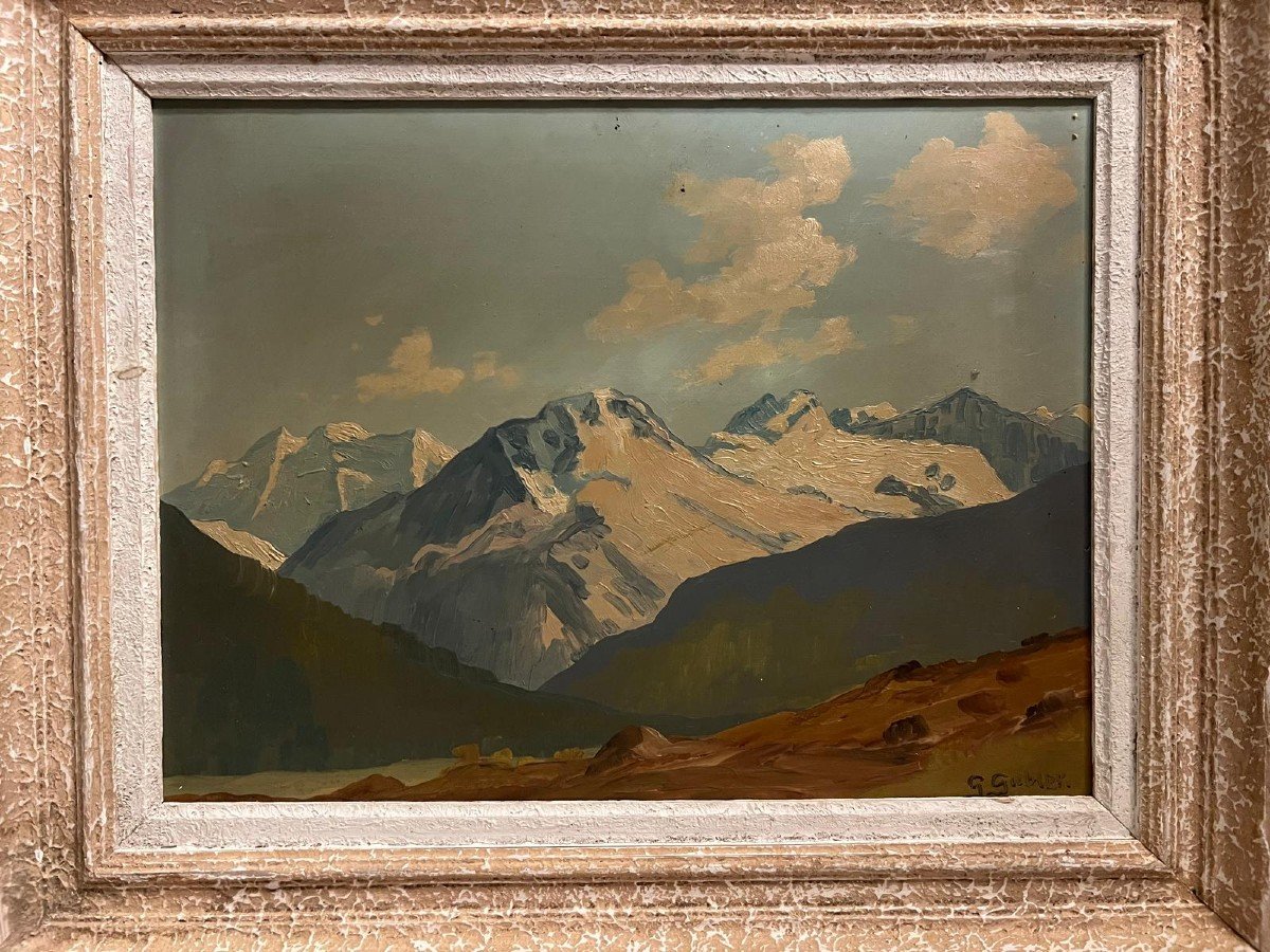 Painting Signed Gottlieb Gubler 1902- 1971 Mountain Landscape, Oil On Wood. -photo-3