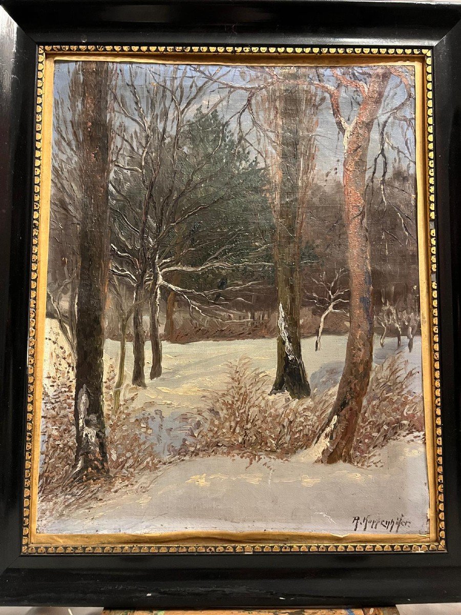 Illegible Signed Painting, Snow Landscape, Oil On Cardboard. -photo-1