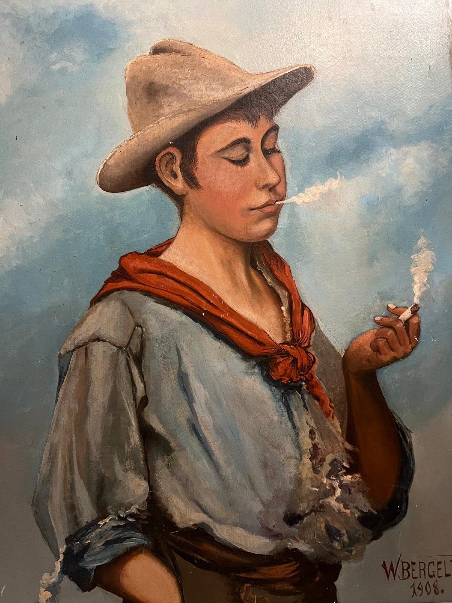 Tableau Signé W.  Bergelt  1908. Jeune Garçon Fumant Une Cigarette,  Huile Sur Bois. -photo-2