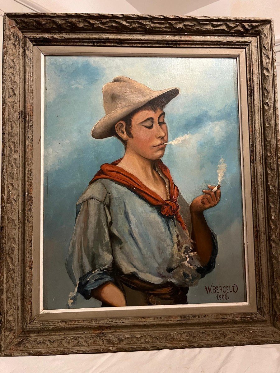 Tableau Signé W.  Bergelt  1908. Jeune Garçon Fumant Une Cigarette,  Huile Sur Bois. -photo-4