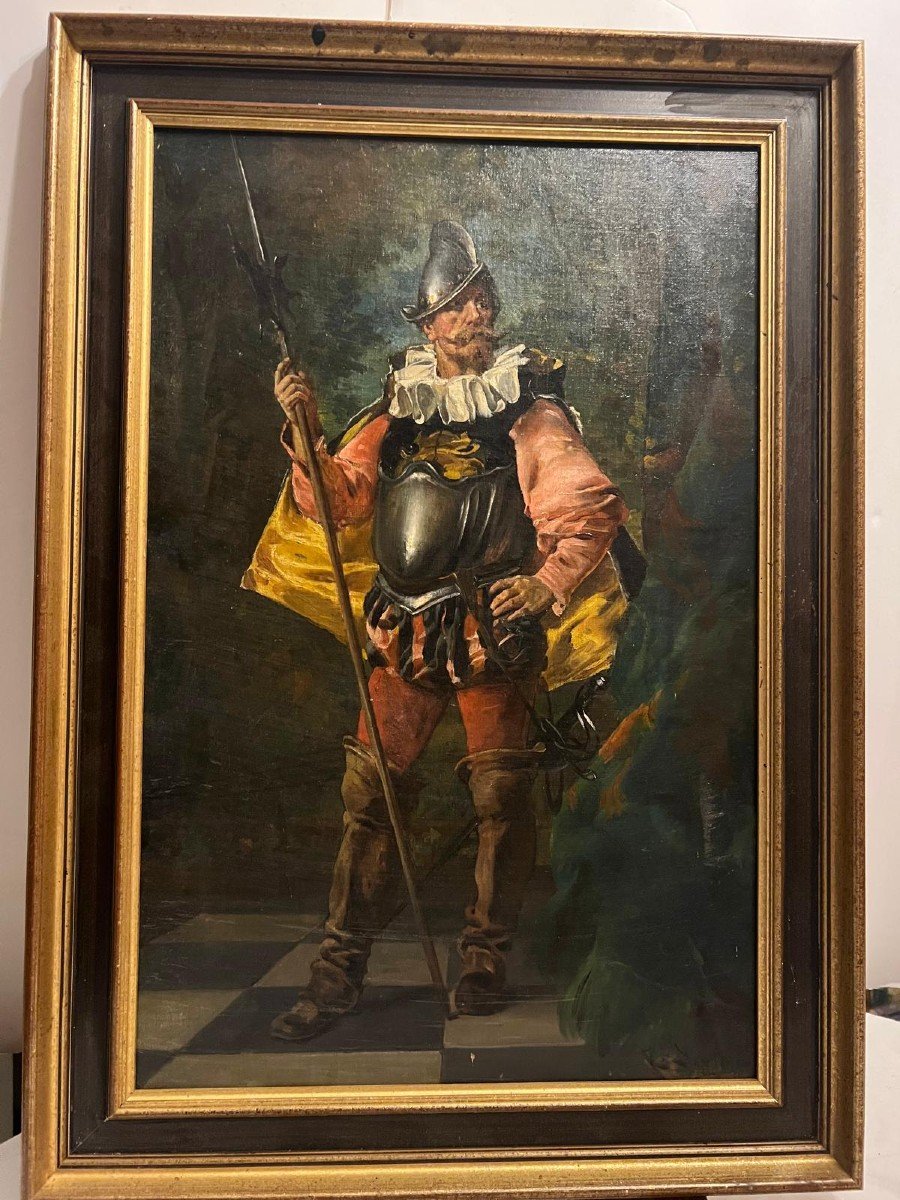 Tableau  Signé Théodore Levigne, 1848-1912, Soldat  En Armure -photo-3