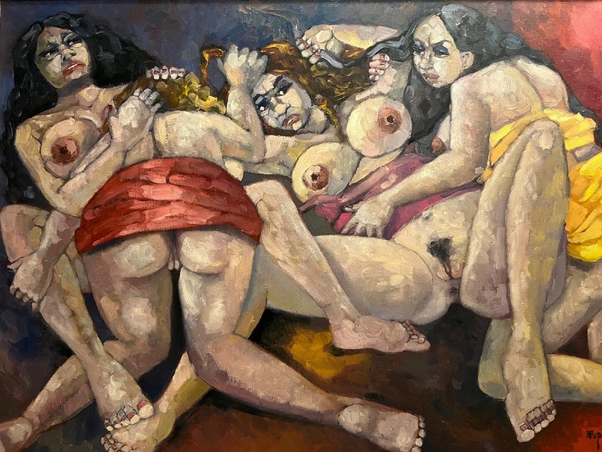 Painting Girls Fighting In A South American Bar-cabaret, Oil On Canvas -photo-2