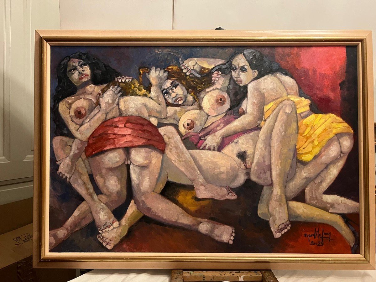 Painting Girls Fighting In A South American Bar-cabaret, Oil On Canvas -photo-4