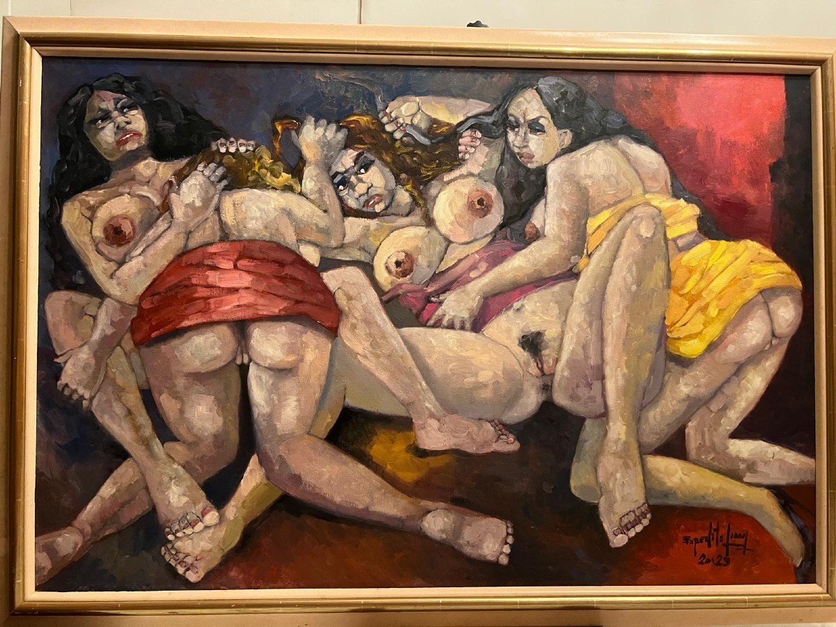 Painting Girls Fighting In A South American Bar-cabaret, Oil On Canvas -photo-3