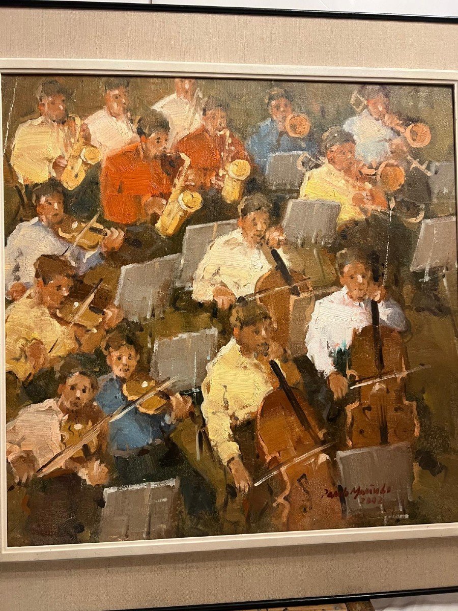 Illegible Signed Orchestra Painting, Oil On Canvas, Very Well Framed.-photo-2