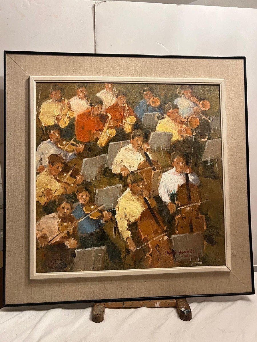 Illegible Signed Orchestra Painting, Oil On Canvas, Very Well Framed.-photo-3