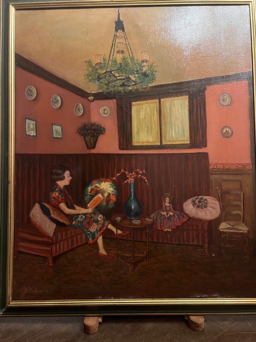 Painting Woman Reading A Book In Her Living Room, Oil On Canvas -photo-3