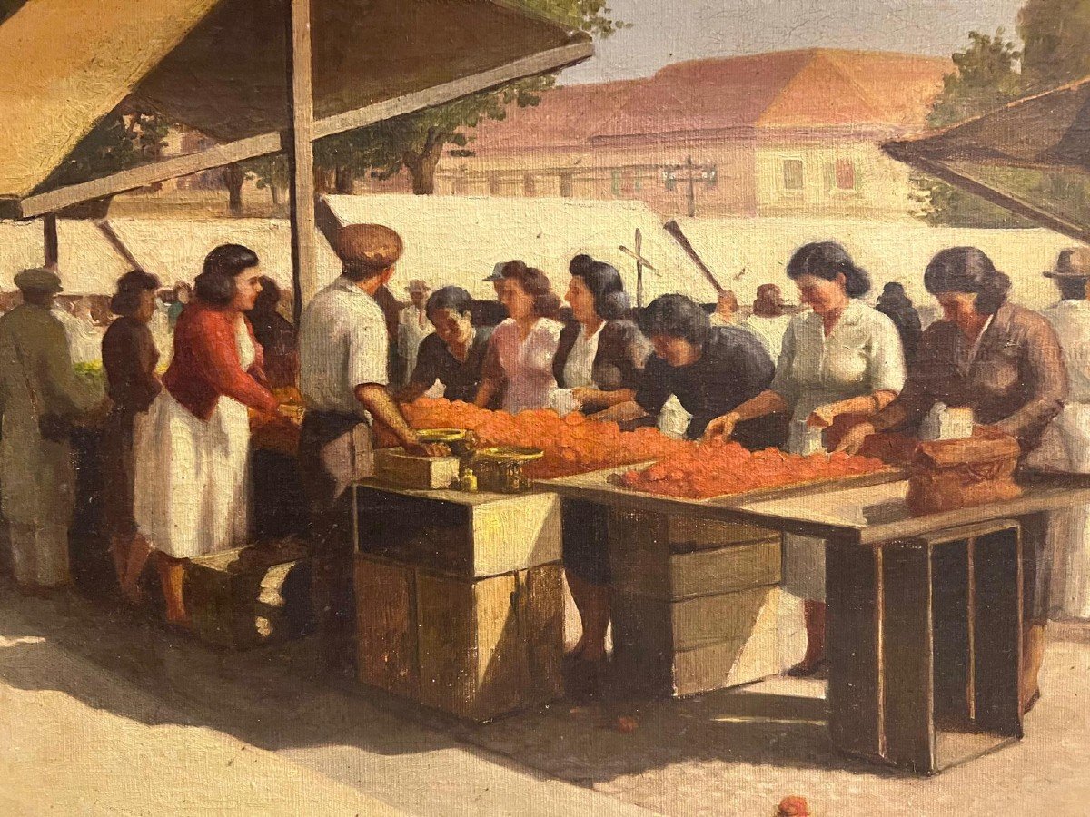 Market Scene Painting, Signed Illegible, Oil On Canvas -photo-2