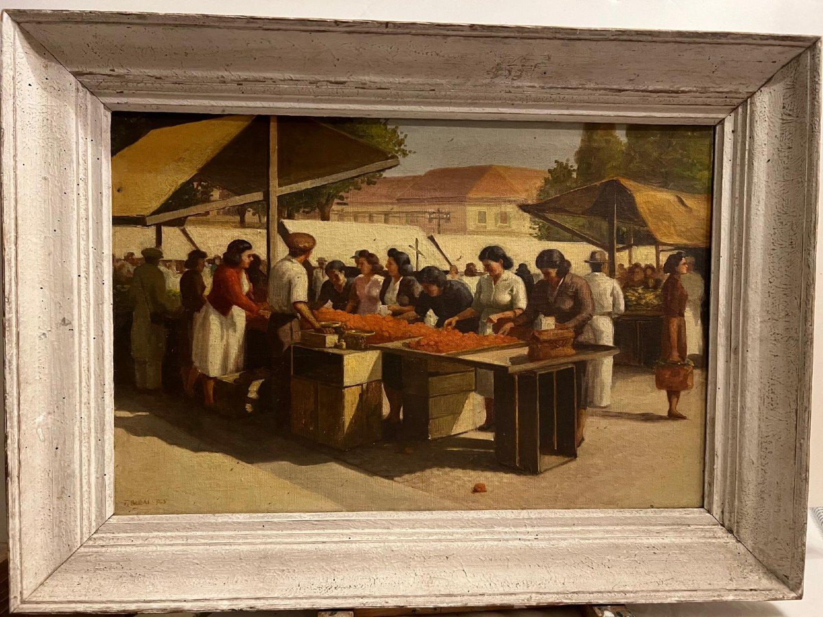 Market Scene Painting, Signed Illegible, Oil On Canvas -photo-4