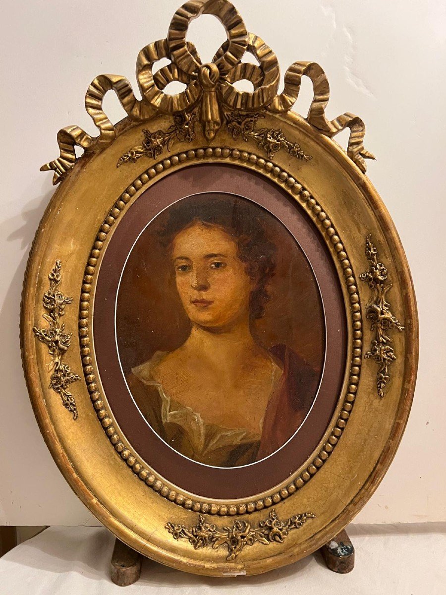 Beautiful Portrait Painting, Oil On Wood Frame Louis XV Style.-photo-4