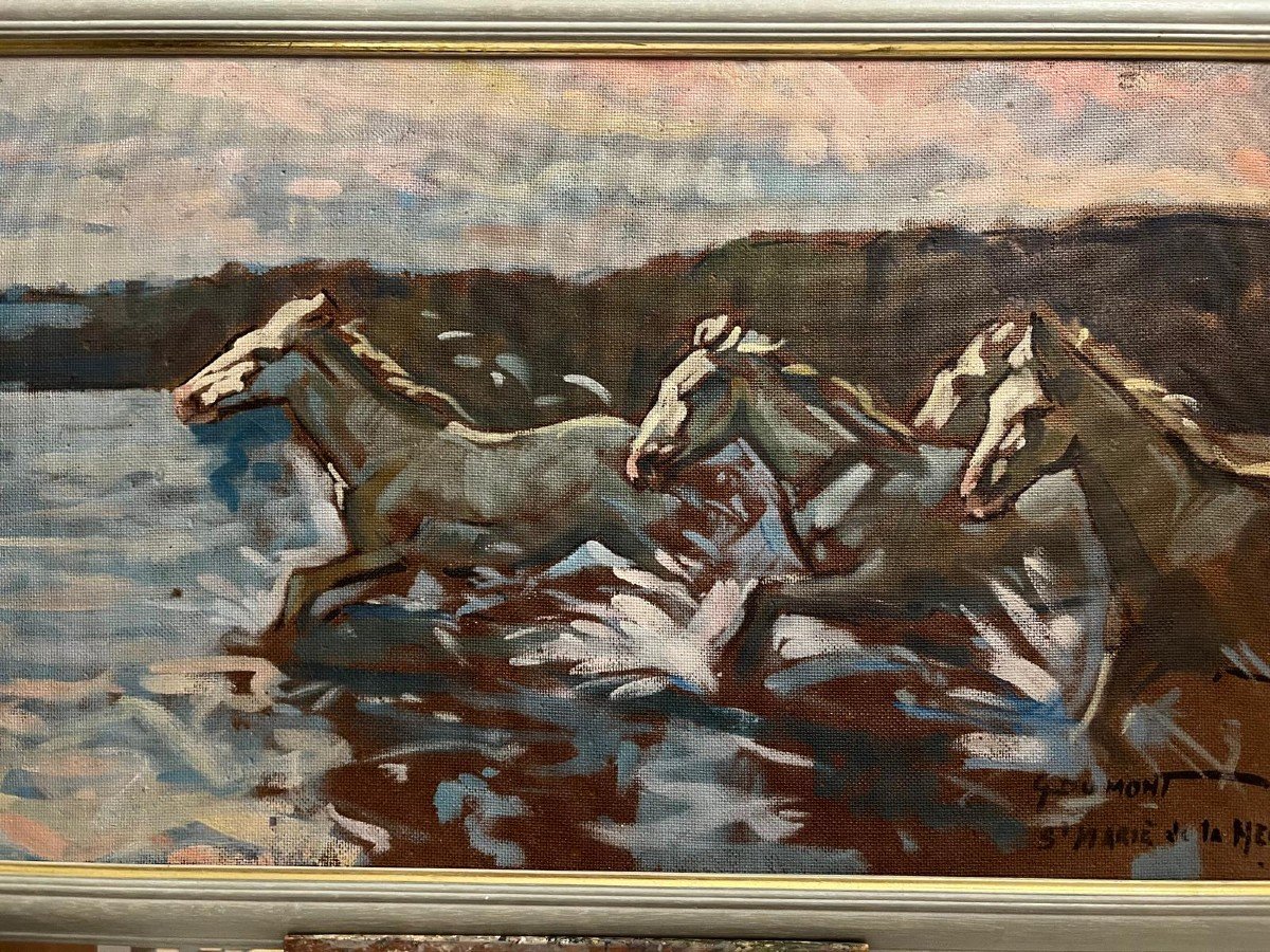 Painting Of Horses In Saint Marie De La Mer, Camargue Signed G. Dumont.-photo-2