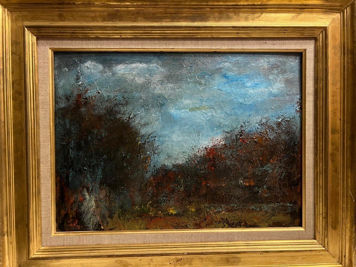 Tableau Paysage Bien Encadré Huile Sur Carton. 