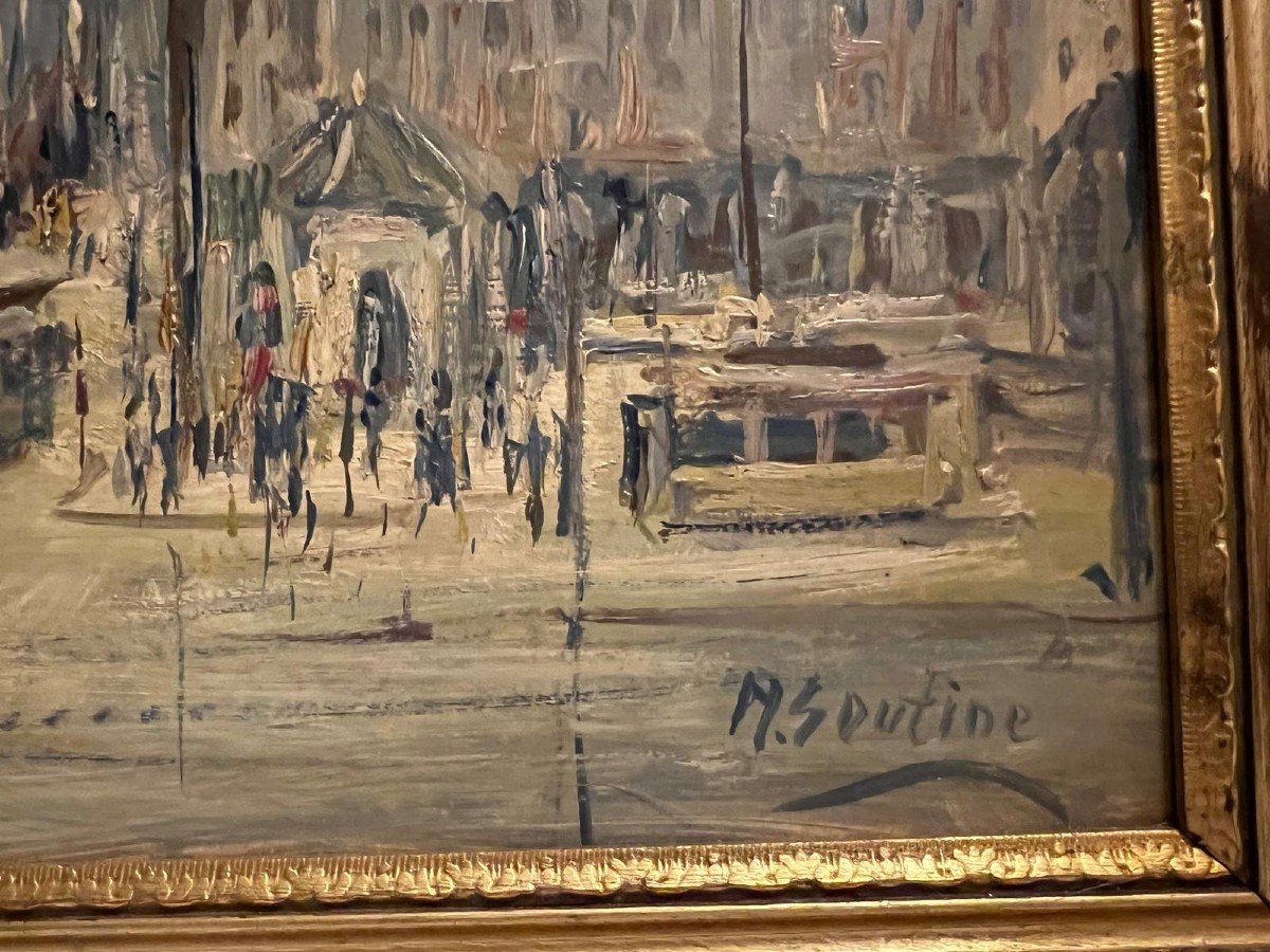 Tableau Signé  M. Soutine. Ville Animée,  Huile Sur. -photo-3