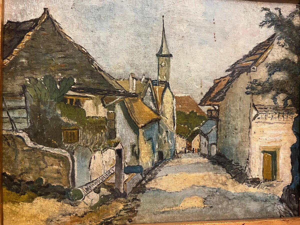 Tableau Paysage Vue Du Village, Huile Sur Toile. -photo-3