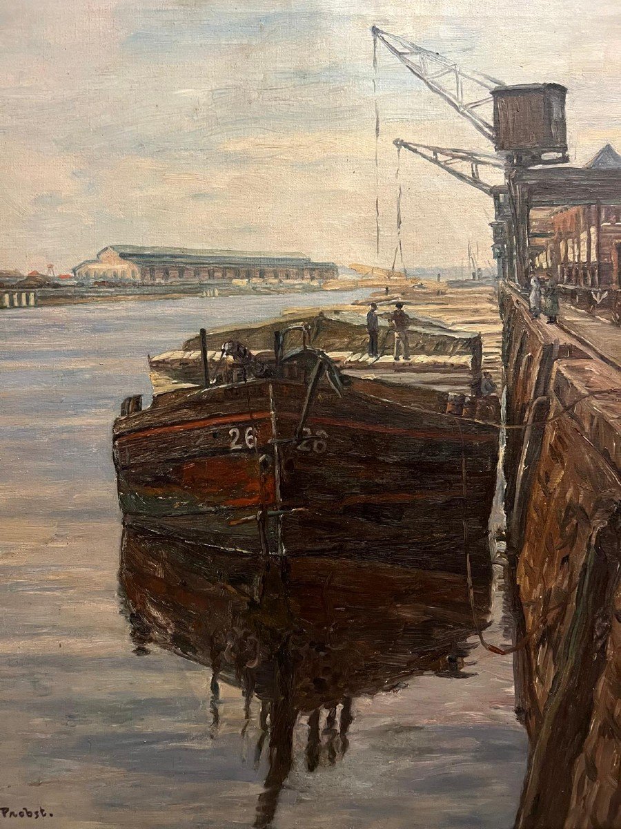 Painting Signed Rudolf Probst 1883-1960, Barge At Quay, Oil On Canvas. -photo-2