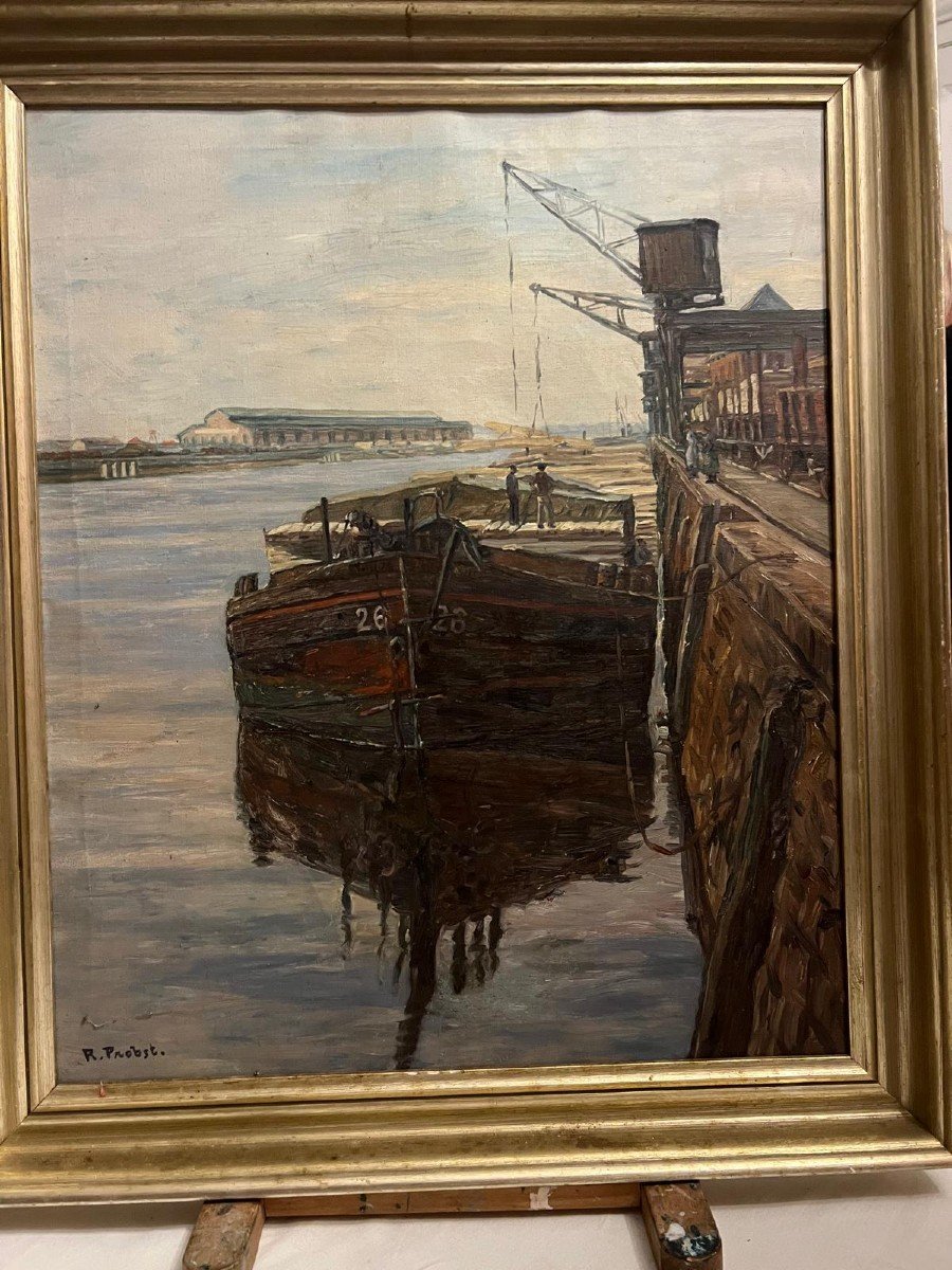 Painting Signed Rudolf Probst 1883-1960, Barge At Quay, Oil On Canvas. -photo-3